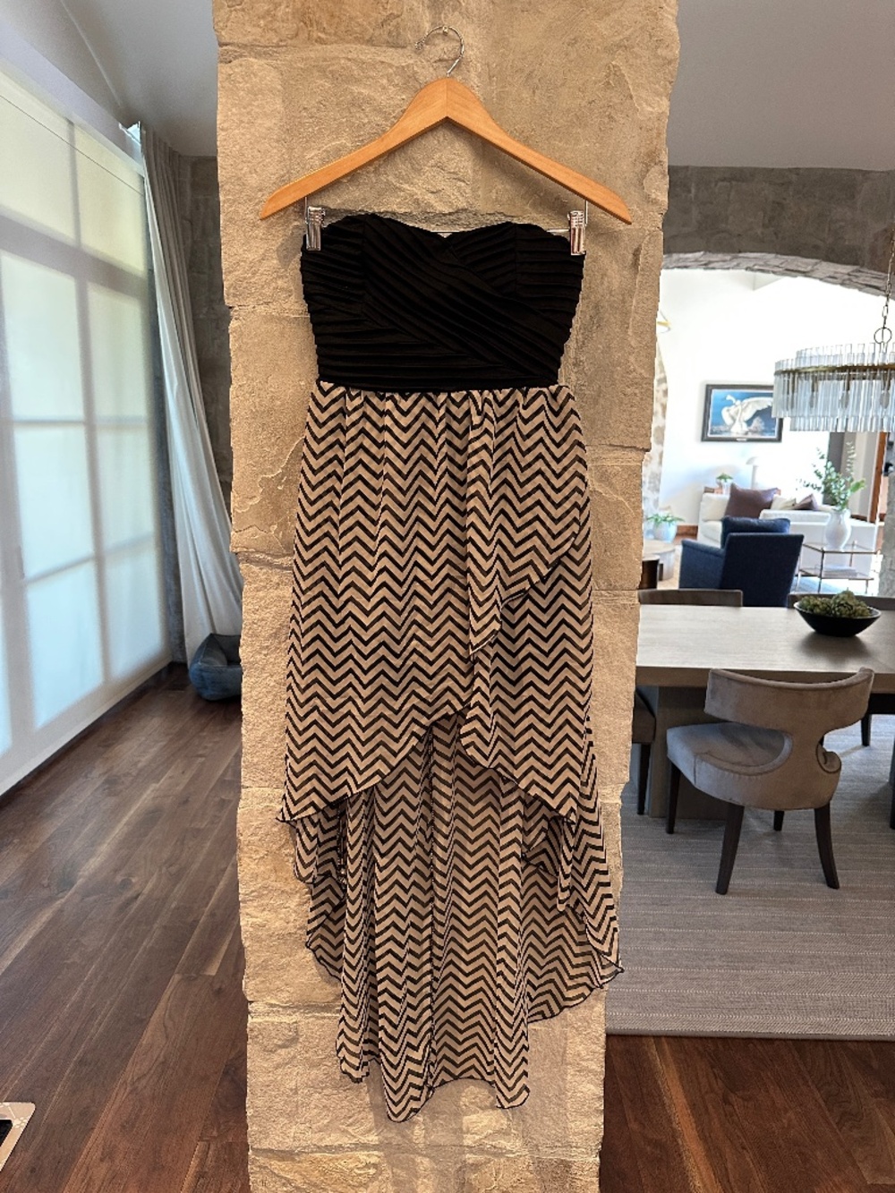 Dizzire Strapless High Low Dress Black White Chevron Lace Up Back Size Medium